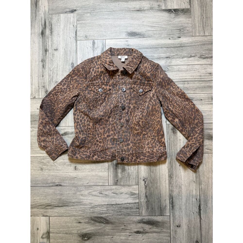 Leopard Print Denim Jacket in Warm Brown Tones NWT Size Medium